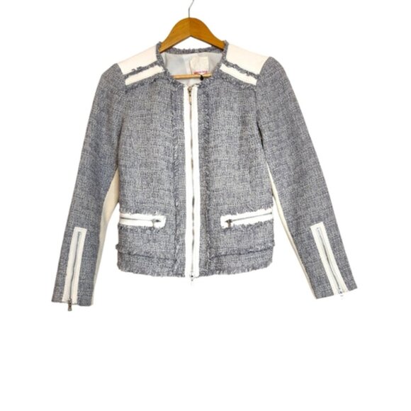 Rebecca Taylor Leather Tweed Jacket Shark Blue Grey White S - Picture 2 of 10